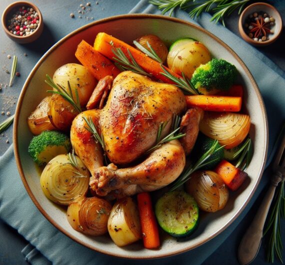 [Photo of a bowl of roast chicken and vegetables sprinkled with rosemary]